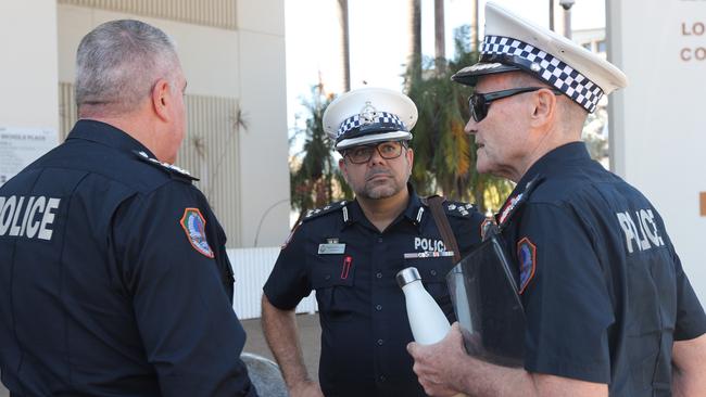 NT Police Commissioner Michael Murphy and acting Assistant Commissioners Sachin Sharma and Michael White outside Australia's largest domestic violence coronial inquest at Darwin Local Court on May 20, 2024. Picture: Zizi Averill