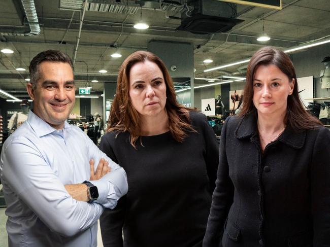 Super Retail Group CEO Anthony Heraghty (L) and former executives and whistleblowers Rebecca Farrell (C) and Amelia Berczelly (R)