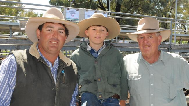 Three generations of the Henwood family in 2014. Roger and Weston, 9, from Aldingham Station at Winton, Queensland, and Trevor Henwood from Howlong Station, Carrathool.