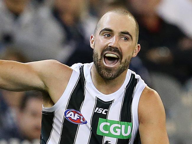 AFL Round 3. Carlton v Collingwood at the MCG. Collingwood's Steele Sidebottom celebrates his goal in the third quarter  . Pic: Michael Klein