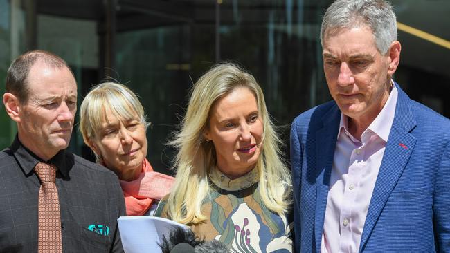 The parents of Caitlyn Fischer, Mark Fischer and Ailsa Carr, with the parents of Olivia Inglis, Charlotte Inglis and Arthur Inglis. Picture: AAP