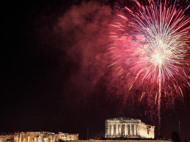 Fireworks explode over the Ancient Acropolis in Athens. Picture: AFP