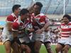 BRIGHTON, ENGLAND - SEPTEMBER 19: Japan players celebrate the try of Ayumu Goromaru of Japan during the 2015 Rugby World Cup Pool B match between South Africa and Japan at the Brighton Community Stadium on September 19, 2015 in Brighton, United Kingdom. (Photo by Charlie Crowhurst/Getty Images)