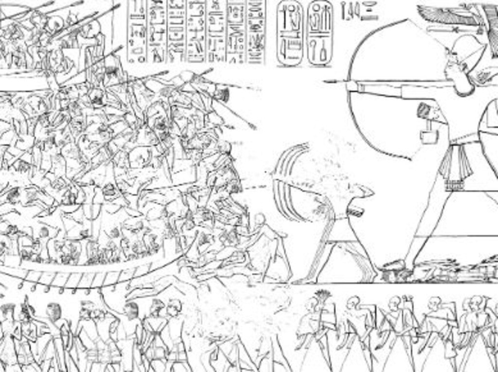 A line drawing of Ramses III’s triumphant depiction of his victory over the Sea People invasion. Picture: Wikimedia