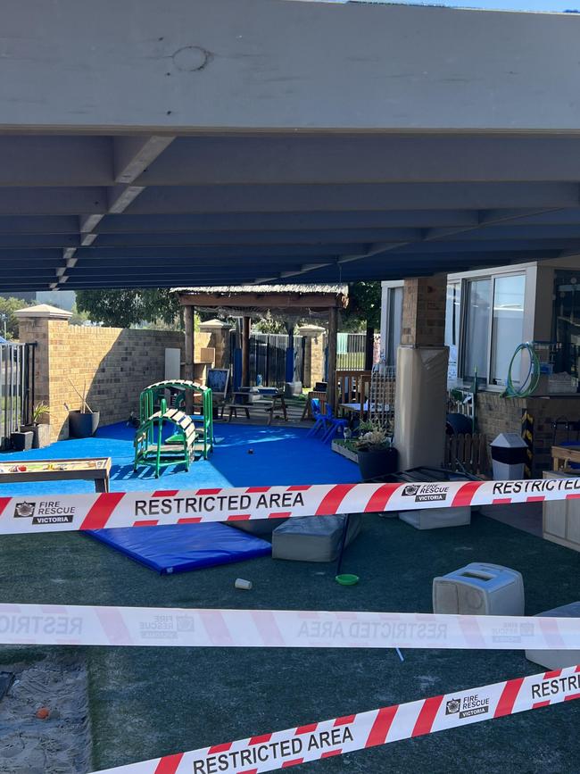 Fencing and playground items left within the scene where a car crashed through a playground at a Sunshine West early learning centre. Picture: Fergus Ellis