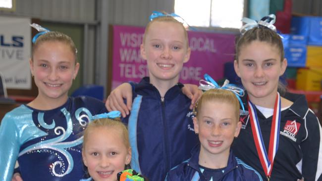 Warwick gymnasts (front) Meiraleyka Johnson, Morgan O'Leary, (back) Aamilyn Johnson, Trinity Welling and Annie Cory at the Warwick club. Picture: file