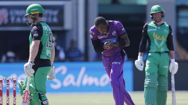 Jofra Archer celebrates the wicket of Travis Dean. Picture: AAP