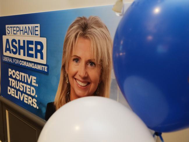 Federal Liberal election function at the Grovedale hotel. For Liberal Corangamite candidate Stephanie Asher. Asher and balloons Picture: Mark Wilson