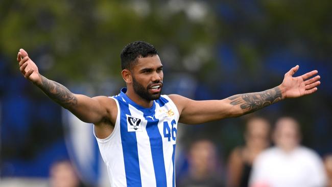 MELBOURNE, AUSTRALIA – MARCH 18: Tarryn Thomas of the Kangaroos stands on the mark during the VFL Practice Match between North Melbourne and Williamstown at Arden Street Ground on March 18, 2023 in Melbourne, Australia. (Photo by Morgan Hancock/Getty Images)