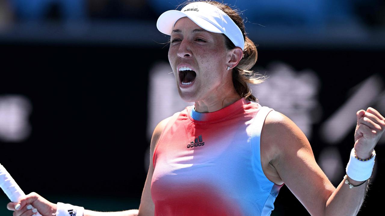 Jessica Pegula of the US celebrates after winning the match against Greece's Maria Sakkari at the Australian Open. Photo by MICHAEL ERREY / AFP.