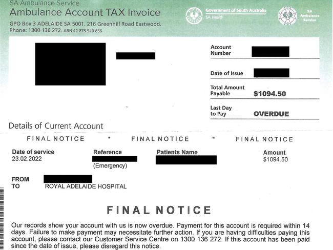 SA Ambulance Service Ambulance Account Tax Invoice.