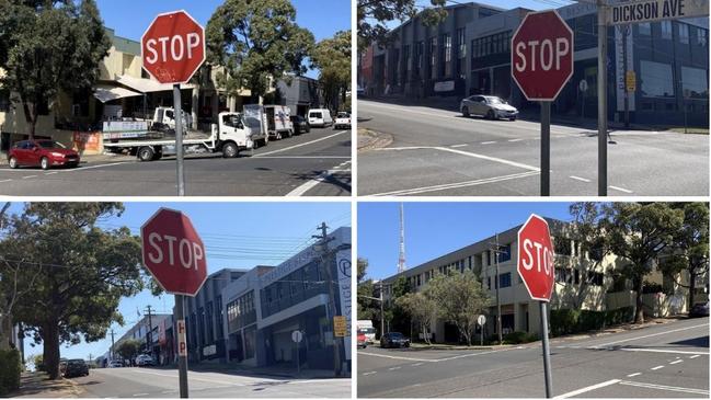 A photo of the four-way intersection where each road has a stop sign.