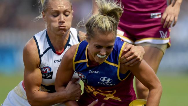 Erin Phillips lays a strong tackle against Brisbane. Picture: Sam Wundke