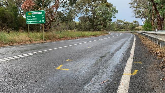 The scene on Main South Road at Second Valley where the ute rolled. Picture: Tara Miko