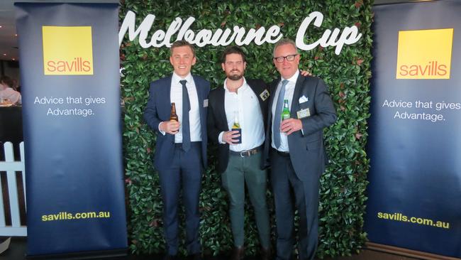 Daniel Paxton (Savills), Rob King-Smith (Alceon), Anthony Ott (Savills) at Savills Melbourne Cup celebrations at Fridays in the Brisbane CBD.