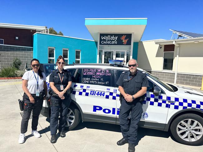 Constable Karlaine Taylor, Senior Constable Grace Buckley and acting Sergeant Mark Bradley took their pay fight to the acting Premier at Wallaby Childcare. Picture: Mitch Clarke