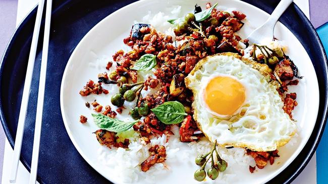 Make a chicken stir-fry with a fried egg on top.