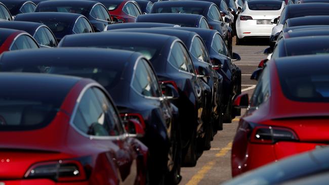 Newly manufactured Tesla electric cars. Picture: AFP