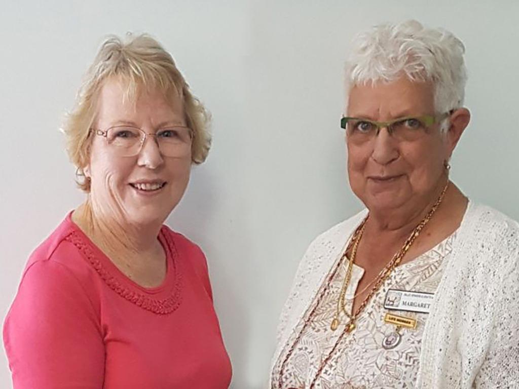 Anne Webster (left) president of the Gargett branch of the Country Women's Association, accepts a cheque for $1000 towards the CWA Crisis Drought Fund from Valley Spinners and Craft Group president Margaret Borg.