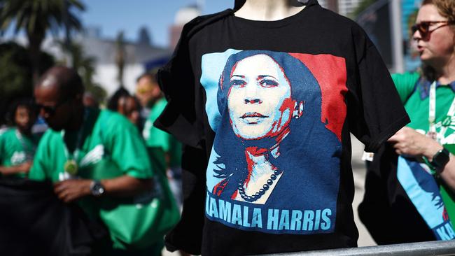 T-shirts bearing the likeness of Democratic presidential candidate Kamala Harris are sold near an outdoor rally in Los Angeles. Picture: AFP