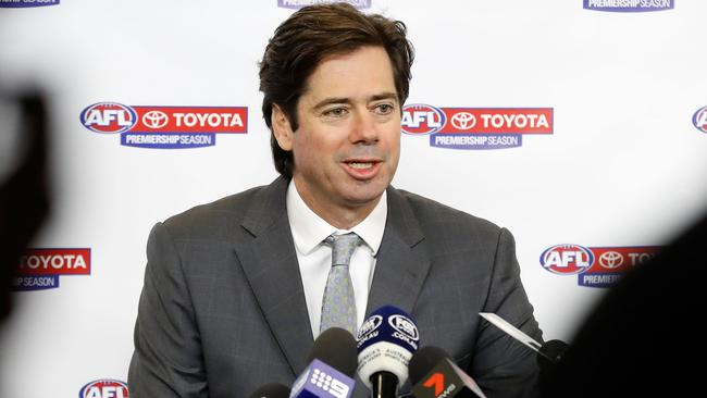 MELBOURNE, AUSTRALIA — JUNE 20: Gillon McLachlan speaks to the media during an AFL press conference at AFL House on June 20, 2016 in Melbourne, Australia. (Photo by Michael Willson/AFL Media/Getty Images)