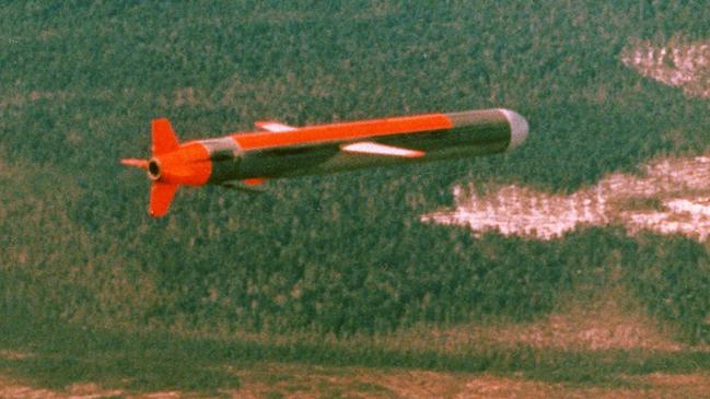 A Tomahawk Cruise missile in flight after being launched from a submarine. The missile can be launched from ships at sea, submarines or from aircraft. Picture: AP Photo/Department of Defence