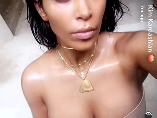 Kim Kardashian shares a sexy selfie with her Snapchat fans. Picture: Kim Kardashian/Snapchat