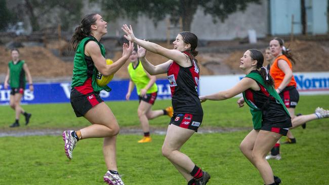 Westies under-16 and under-14 footballers training in the rain in preparation for their clashes with North Adelaide Picture: Emma Brasier