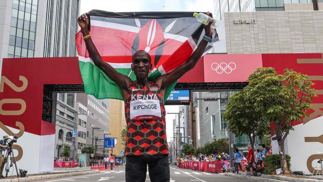 Kenya's Eliud Kipchoge celebrates after winning the men's marathon. Picture: AFP