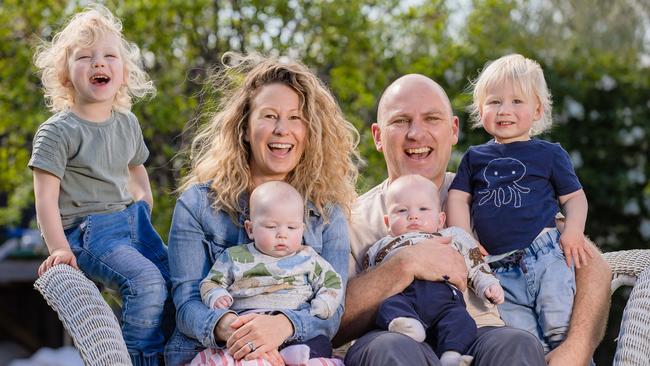 Rebecca Tehan, husband Daniel and their children Monty, Freddy, Lenny and Alfie. Picture: Jason Edwards