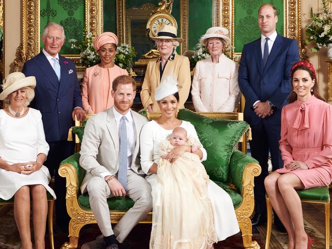 (L-R) Camilla, Duchess of Cornwall, Prince Charles, Prince of Wales, Ms Doria Ragland, Lady Jane Fellowes, Lady Sarah McCorquodale, Prince William, Duke of Cambridge and Catherine, Duchess of Cambridge with Prince Harry, his wife, Meghan, and their son Archie. Picture: Getty