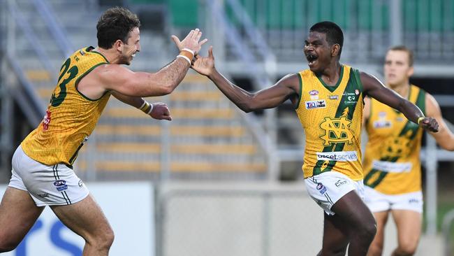 Maurice Rioli Jr celebrates a goal playing for St Mary’s in the NTFL. Picture: Felicity Elliott/AFLNT Media.