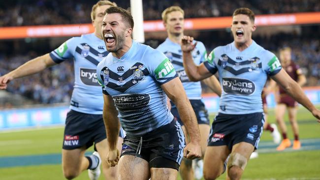 James Tedesco celebrates after the opening try for NSW. (Michael Klein)