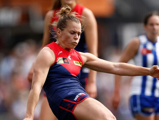 MELBOURNE, AUSTRALIA - NOVEMBER 12: Maddison Gay of the Demons kicks the ball during the 2023 AFLW Second Qualifying Final match between The Melbourne Demons and The North Melbourne Tasmanian Kangaroos at IKON Park on November 12, 2023 in Melbourne, Australia. (Photo by Michael Willson/AFL Photos via Getty Images)