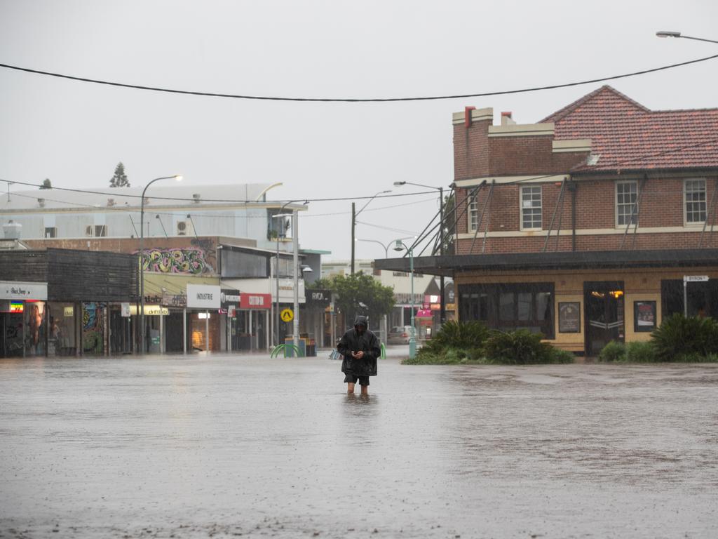 Flood waters overwhelm Jonson Street Byron Bay. Picture: NCA NewsWire / Danielle Smith