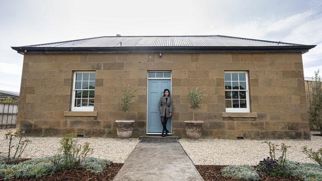 Grand Designs Transformations host, Yasmine Ghoniem, outside the home of Karen and Stu Miles in Oatlands. Picture: Brad Harris