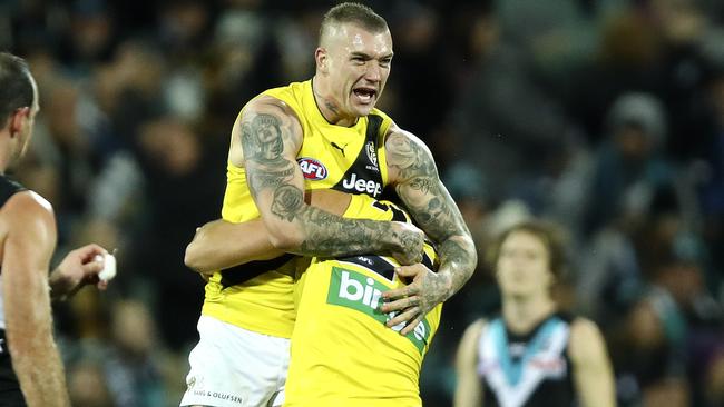 Dustin Martin and Toby Nankervis celebrate. Picture: Sarah Reed