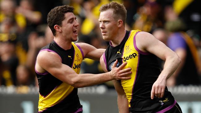 Jason Castagna (left) is happy Jack Riewoldt is sticking around. Pic: Getty Images