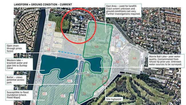 Diagram of Pizzey Park indicating areas built on top of landfill. Miami State School sits directly adjacent the park. Picture: Place Design Group/Draft Pizzey Park Master Plan