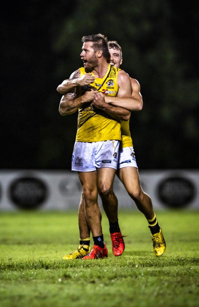 Nightcliff Tiger Nathan Brown celebrates a goal against Palmerston in Round 13 of the 2023-24 NTFL season. Picture: Patch Clapp / AFLNT Media