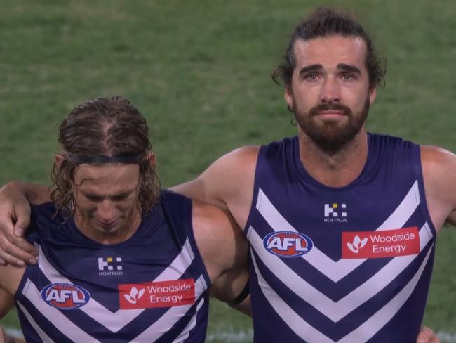 Nat Fyfe and Alex Pearce were visibly emotional. Photo: Fox Footy.