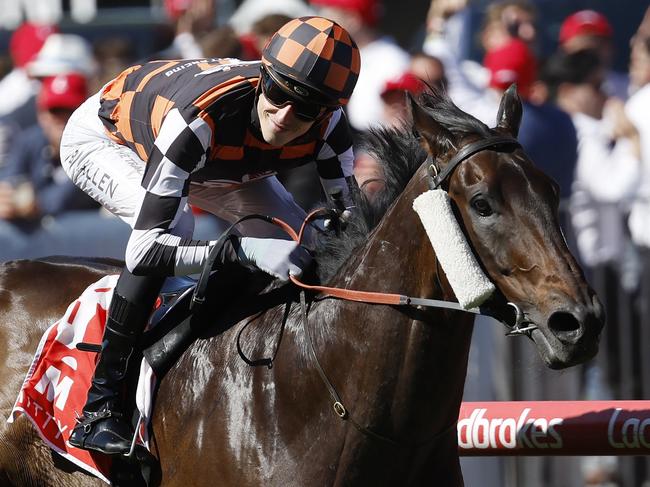 NCA. MELBOURNE, AUSTRALIA. October 26, 2024. Racing.  Cox Plate day at Moonee Valley racecourse.. Race 7. The Mittys McEwen Stakes.   Baraqiel ridden by Ben Allen cruises to victory   .  Pictures : Michael Klein