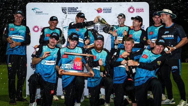 The Adelaide Strikers celebrating their maiden Top End T20 Series title after defeating the Bangladesh High Performance side in the final. Picture: NT Cricket.