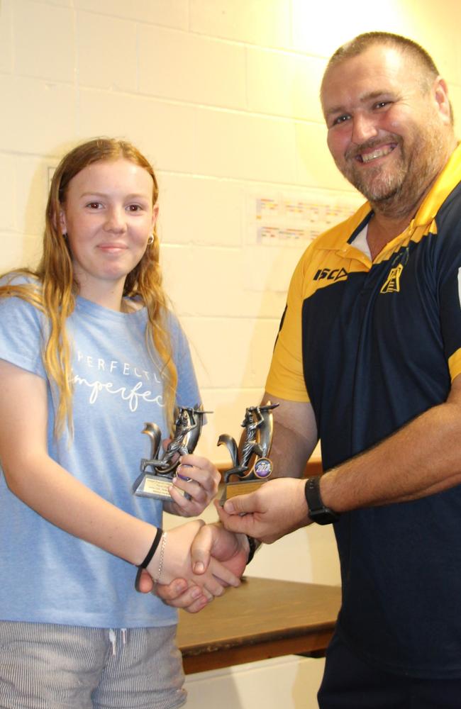 Wayde Goatham congratulates Girls Batting Average Marraya Buckley. Picture: Supplied