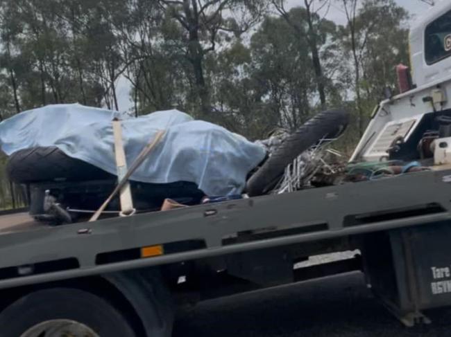 Motorbike being taken from the scene of a fatal crash on the Peak Downs Highway, 2km west of Fitzroy Development Rd on October 28, 2024. Picture: Janessa Ekert