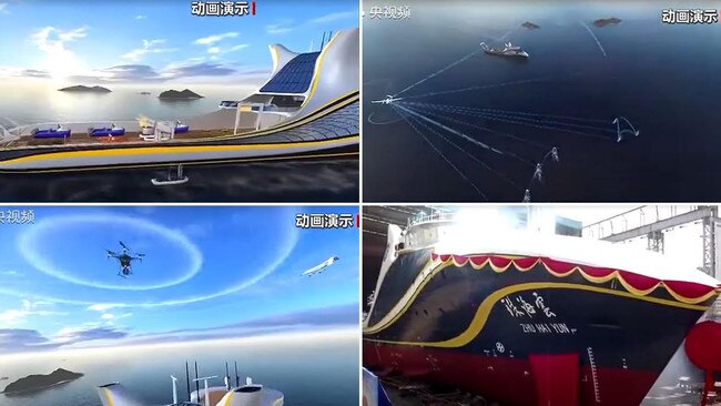 The drone capabilities of the Zhu Hai Yun (below right) are shown in sequences from an animated video. Pictures: Screengrab/YouTube