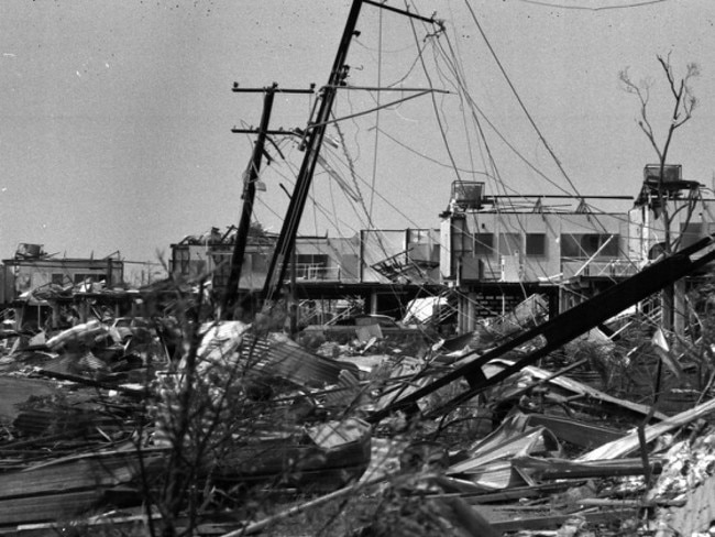 Cyclone Tracy caused major destruction to Darwin. Debris and devastation in DarwinÕs northern suburbs in the aftermath of Cyclone Tracy, which struck the town on Christmas morning in 1974. Picture: Beat Erismann.