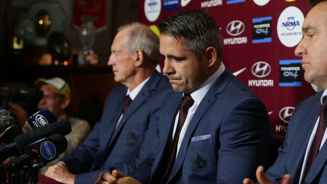 Former Broncos player Corey Parker announcing his retirement from Rugby League. Picture: Peter Wallis