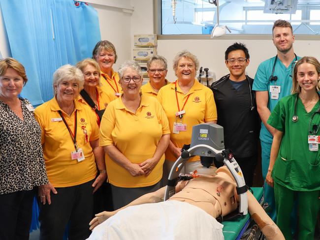 United Hospital Auxiliary members with LBH staff and clinicians and the new LUCAS Stryker machine chest compression system worth $24,981.