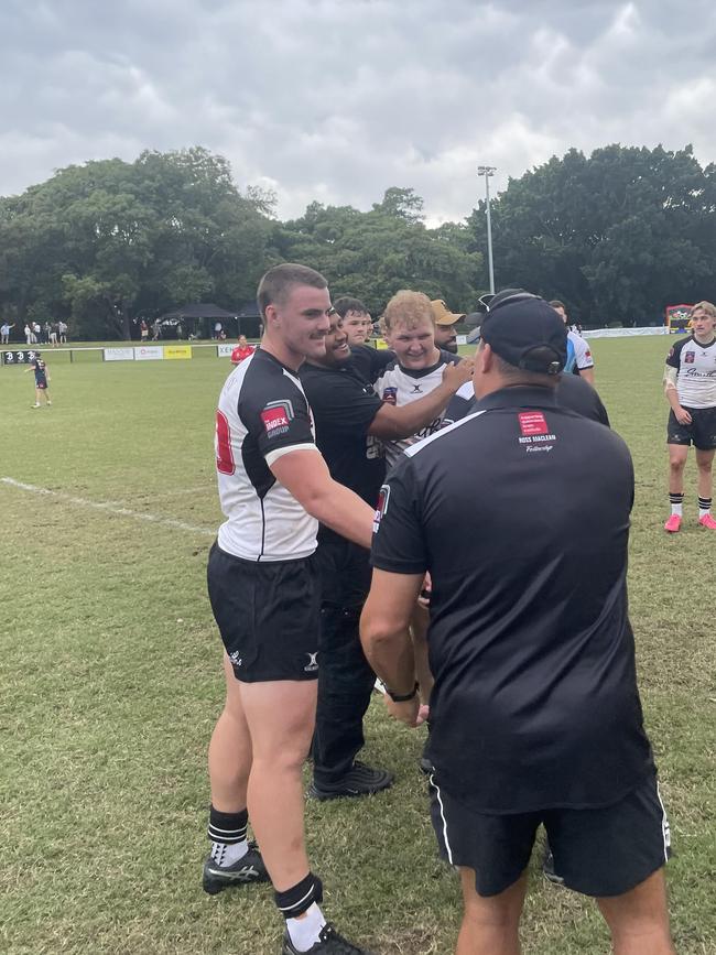 Souths best player today, prop Slater Galloway, is congratulated. To his left is Dominic Thygesen who returned from injury today with a nice 20 minute burst off the bench.